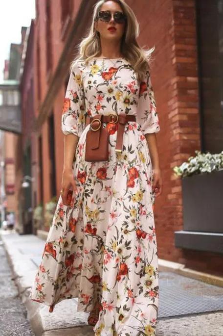 Best Floral Peasant 3/4 Sleeves Maxi X-line Dress